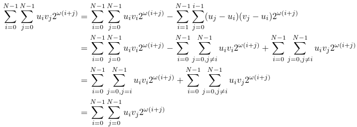 \sum_{i=0}^{N-1}\sum_{j=0}^{N-1}u_i v_j 2^{\omega(i+j)} &= \sum_{i=0}^{N-1}\sum_{j=0}^{N-1}u_i v_i 2^{\omega(i+j)} - \sum_{i=1}^{N-1}\sum_{j=0}^{i-1}(u_j-u_i)(v_j-u_i)2^{\omega(i+j)}\\    &=\sum_{i=0}^{N-1}\sum_{j=0}^{N-1}u_i v_i 2^{\omega(i+j)} - \sum_{i=0}^{N-1}\sum_{j=0, j \neq i}^{N-1}u_i v_i2^{\omega(i+j)} + \sum_{i=0}^{N-1}\sum_{j = 0, j\neq i}^{N-1}u_i v_j2^{\omega(i+j)}\\    &=\sum_{i=0}^{N-1}\sum_{j=0, j = i}^{N-1}u_i v_i2^{\omega(i+j)} + \sum_{i=0}^{N-1}\sum_{j = 0, j\neq i}^{N-1}u_i v_j2^{\omega(i+j)}\\    &=\sum_{i=0}^{N-1}\sum_{j=0}^{N-1}u_i v_j 2^{\omega(i+j)}